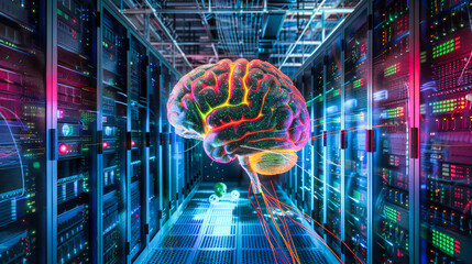 A brain suspended in the middle of the server room. Concept of artificial intelligence and machine learning.