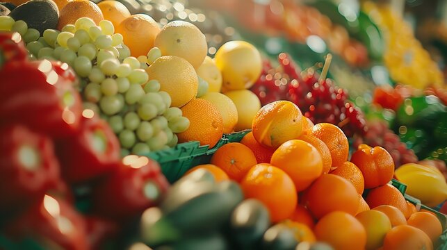 A vibrant display of fresh fruits and vegetables at a market, featuring colorful produce including oranges, grapes, and bell peppers.