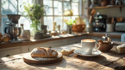 Cozy Rustic Kitchen with Fresh Bread and Warm Coffee Cup Inviting Atmosphere with Natural Light Streaming In