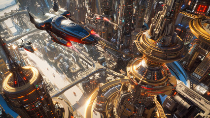 A futuristic city from above with flying vehicles around