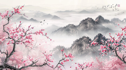 Landscape with sakura blossom and distant mountains.