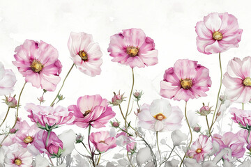 Watercolor cosmos clipart with delicate pink and white flowers 