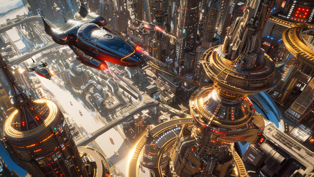 A futuristic city from above with flying vehicles around