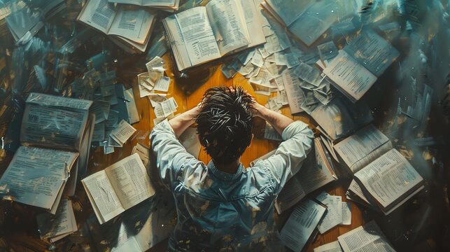 Man overwhelmed with books and papers, representing stress from intense study or work. Captures the emotional strain of academic pressure.