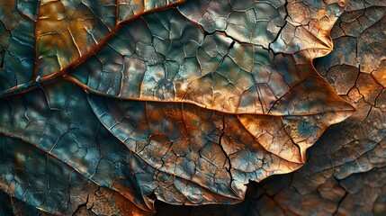 Close-up abstract of textured autumn leaves in vibrant colors, with intricate patterns and rich tones, representing nature's elegance.
