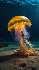 One big beautiful yellow blue neon Jellyfish swim Under water , Vertical photo