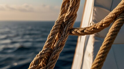 Ropes on a yacht. Sailing equipment on sailboat in summer sport, close up , copy text