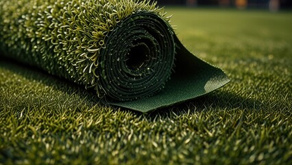 Green Artificial turf roll for sports field or lawn background, ideal for outdoor settings, close up , copy text