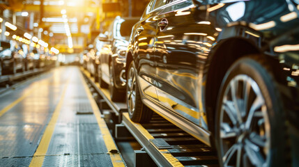 A car production line with cars on the assembly belt in the factory