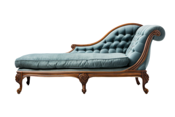 The Serene Blue Oasis: A Wooden-Framed Chaise Lounge on a White or Clear Surface PNG Transparent Background.