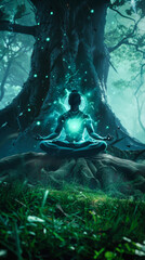 A meditating man silhouette, with luminous chakras, under a green tree