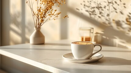 Fototapeta premium Coffee Break in a Minimalist and Cozy Caf Setting with Clean Lines and Modern Decor