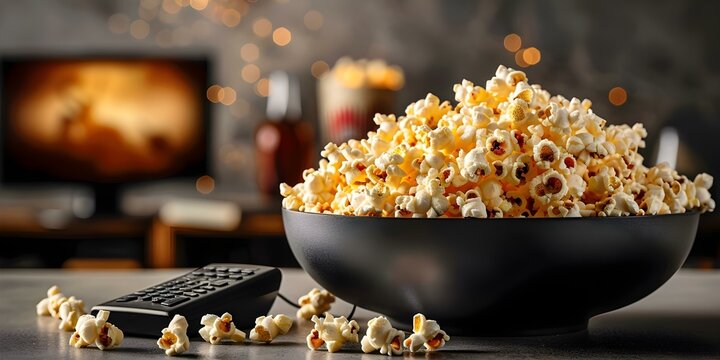 Table basse &eacute;quip&eacute;e d'une t&eacute;l&eacute;commande, d'une t&eacute;l&eacute; et de popcorn pour une soir&eacute;e cin&eacute;ma &agrave; la maison. Concept Home cinema night with coffee table including remote, TV, and popcorn