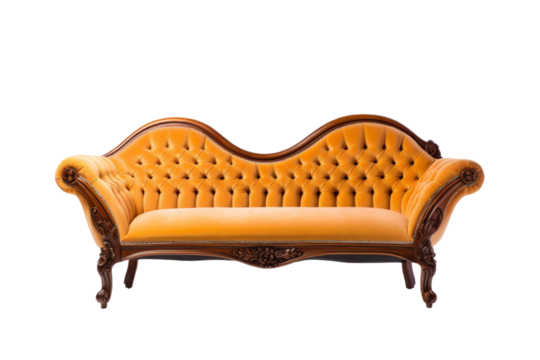 The Nostalgic Charm of a Vintage Wooden-Framed Sofa on a White or Clear Surface PNG Transparent Background.