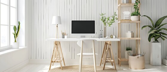 Clean minimalist workspace with a focus on white and light wood tones
