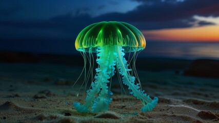 jellyfish in aquarium. Under water beautiful green blue neon Jellyfish swim. copy text
