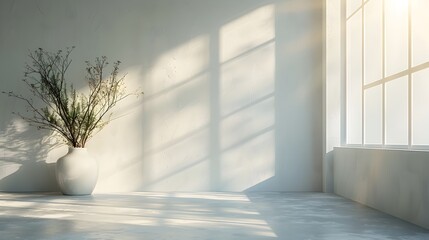 Bright and Airy Modern White Room with Soft Lighting and Clean Architectural Details for Premium Product Presentation