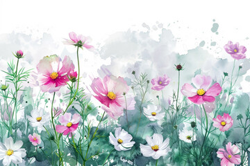 Fototapeta premium Watercolor cosmos clipart with delicate pink and white flowers 