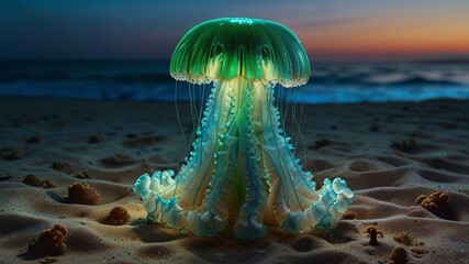 In aquarium beautiful green blue neon Jellyfish swim. copy text
