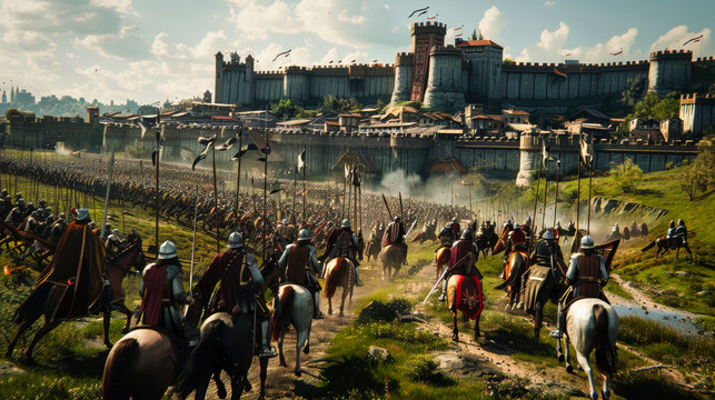 A cinematic still of medieval knights in armor charging into battle
