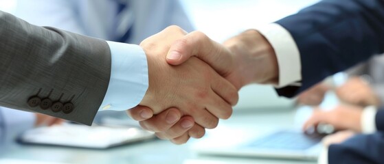 Obraz premium Closeup of a business handshake over a conference table