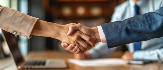 Closeup of a business handshake over a conference table