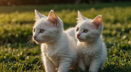 Charming and lovable white kittens happily playing on a vibrant green grass background, close up , copy text