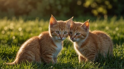 Charming and lovable red kittens happily playing on a vibrant green grass background, close up , copy text