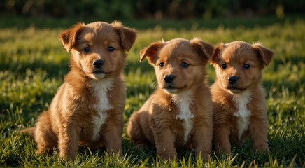 Three charming and lovable red puppies happily playing on a vibrant green grass background, close up , copy text
