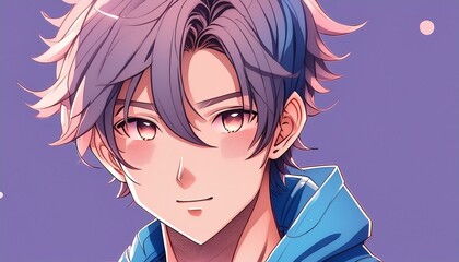 anime style. Cool K-pop male idol on a simple one color background
