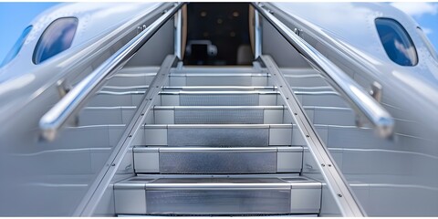 Use a ladder to facilitate boarding and disembarking passengers on a private business jet. Concept Private Jet Boarding, Ladder Access, Passenger Assistance