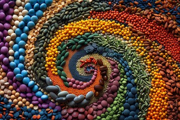 Vibrant spiral pattern made of diverse colorful seeds and grains illustrating nature's bounty in an artistic arrangement.