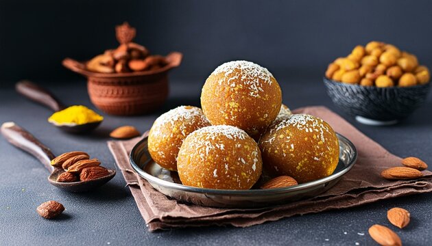 Indian sweet dish besan laddu kept in a plate.	