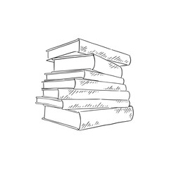 Fototapeta premium A stack of books in black and white line drawing. Drawn by hand in a sketchy style. 