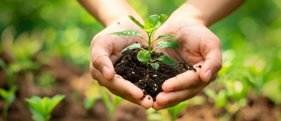 Hands holding a small plant with soil