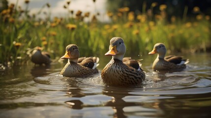 Obraz premium A photo of a group of ducks wading in a farm pond.