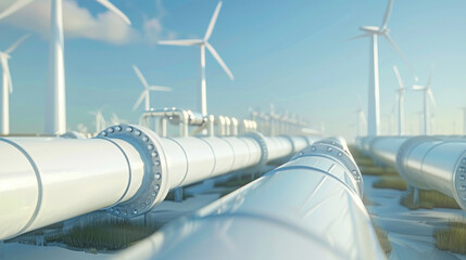Clean white gas pipes with wind turbines in background