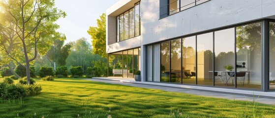 Fototapeta premium Minimalist architectural design with straight lines and large windows