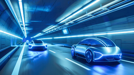 Futuristic cars in a tunnel