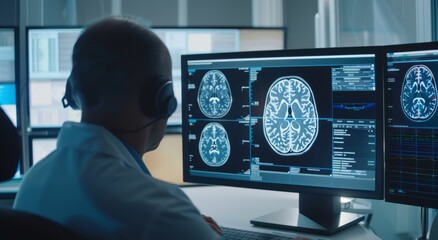 A doctor is using an AI interface to effortlessly mark up images of the patient's brain on their computer screen
