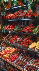 Vibrant display of fresh fruits and vegetables in a market setting, showcasing a variety of colorful, healthy, and nutritious produce.