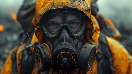 AI generated illustration of a woman in a yellow coat and a protective gas mask during an expedition