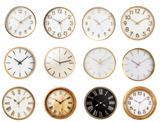 Set of different Modern wall clocks, PNG file of isolated cutout object on transparent background.