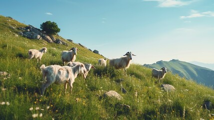 Obraz premium A photo of a group of goats grazing on a hillside.