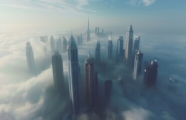 A drone shot of skyscrapers, surrounded by fog