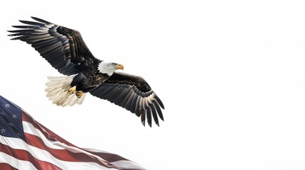 Illustration of an American bald eagle in front of USA's flag. The bald eagle is the emblem of the nation with its' fierce beauty and proud independence symbolizes the strength and freedom of America