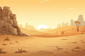 Desert Sunset with Rocky Terrain, Warm Golden Colors, Tranquil Scene