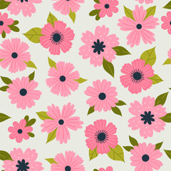 Seamless pattern with pink flowers of different shapes. Vector graphics.