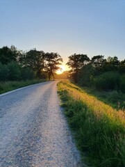 Beautiful sunset over the road, the sun is hiding behind the trees on the horizon, rural fields along the road