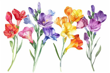 Watercolor freesia clipart with fragrant blooms in various colors 